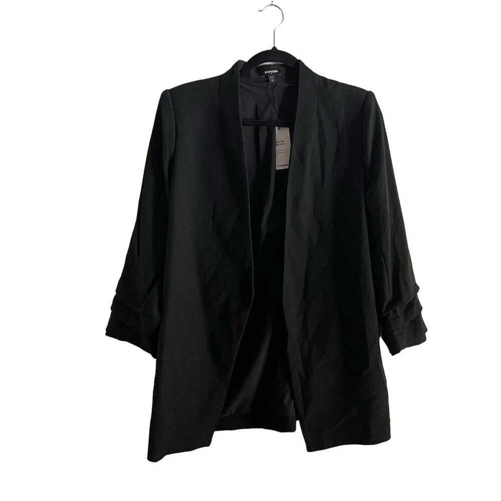 Express Womn M Black Ruched 3/4 Sleeves Open Front Longline Boyfriend Blazer